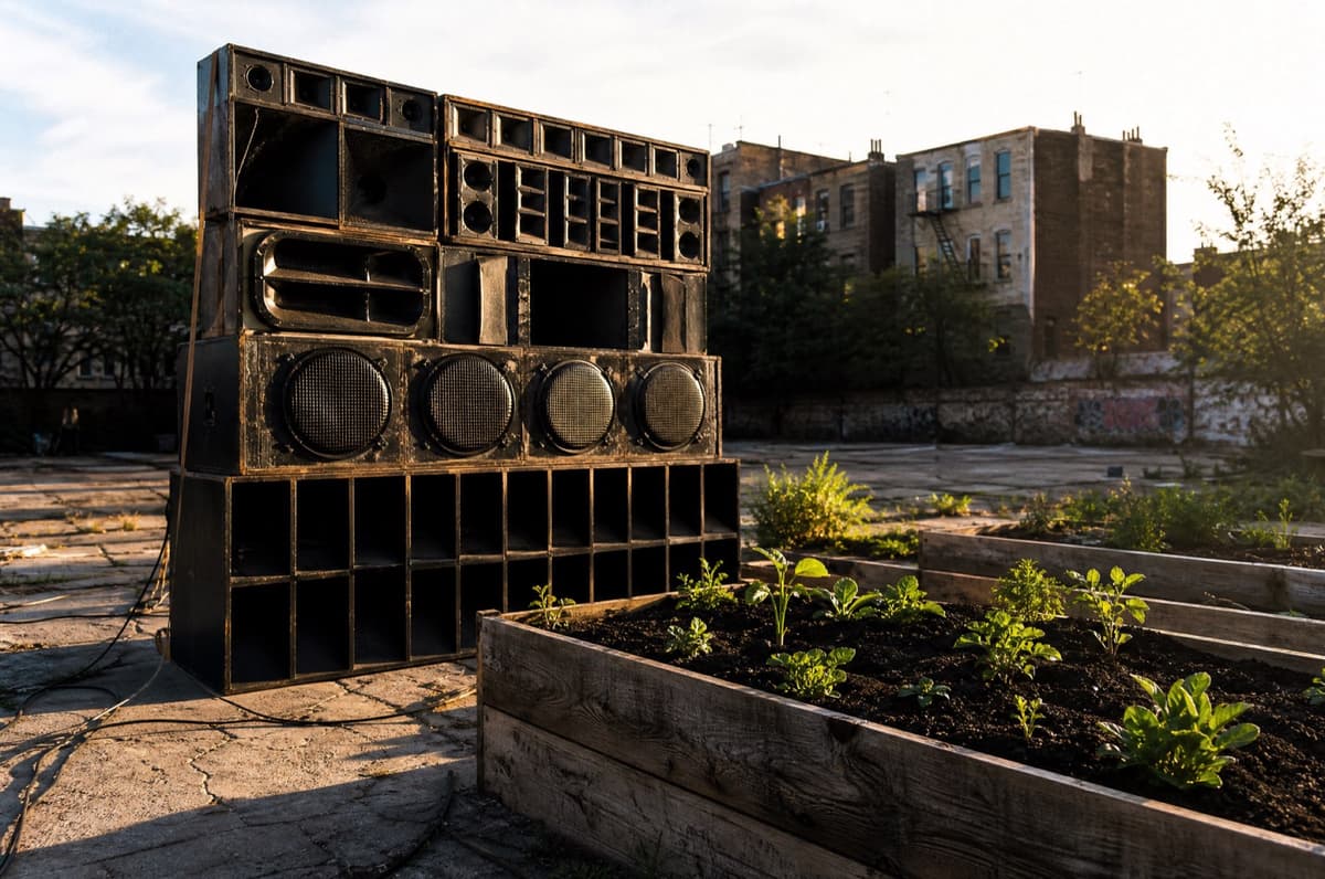 Soundsystem next to raised garden beds