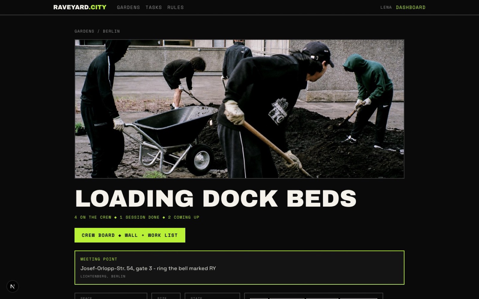 A public garden page with crew stats and sessions