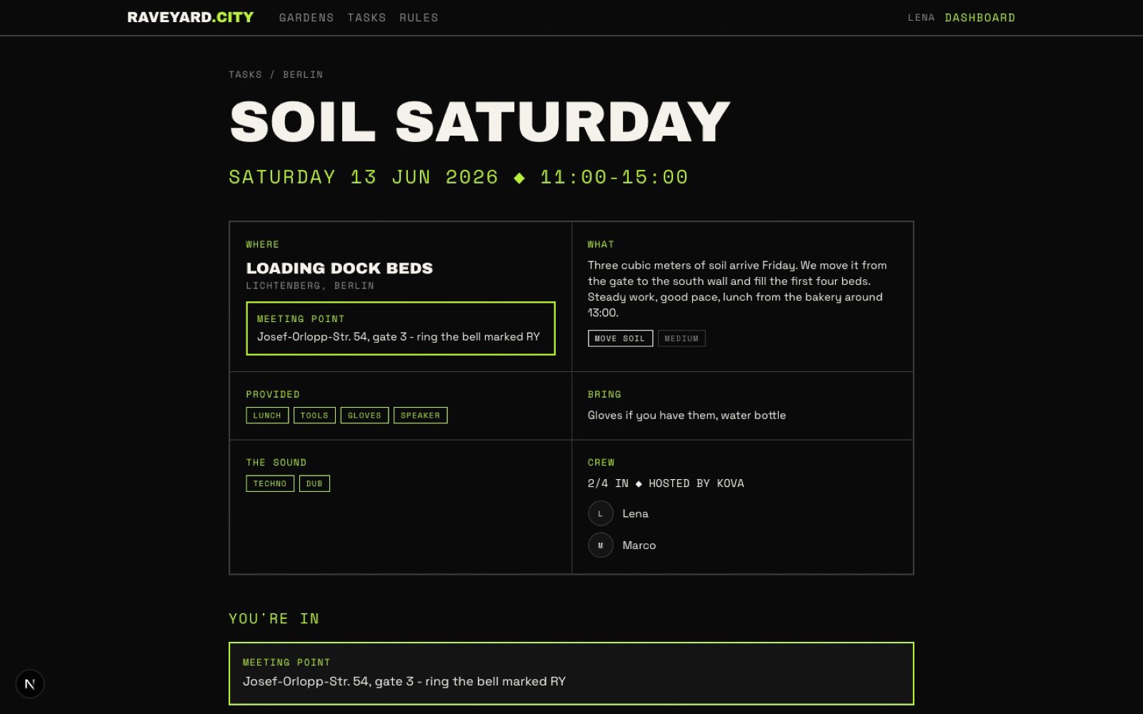 A work session page styled like a gig flyer